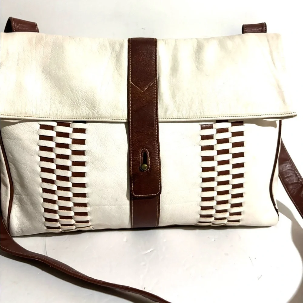 Bettina white & brown woven leather crossbody handbag